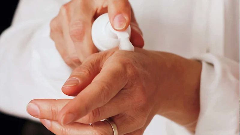 Woman putting cosmetics on her hand