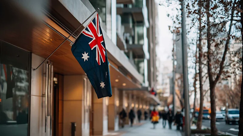 Australis flag outside building