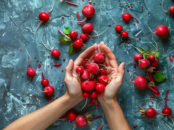 Woman holding radishes in her hands