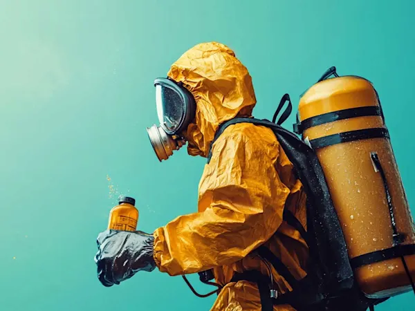 Person in PPE using insecticides