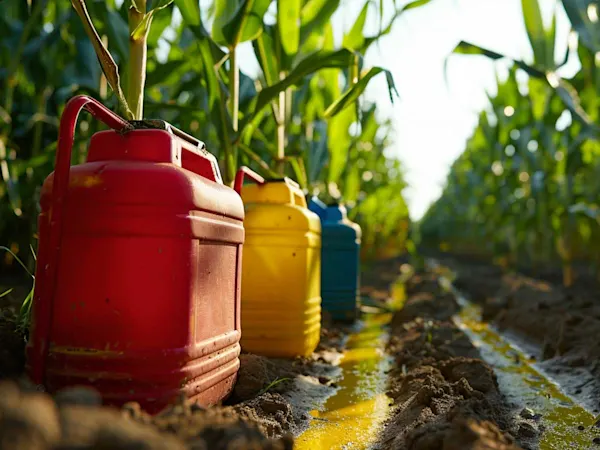 Pesticides in colored jerry cans at corn field