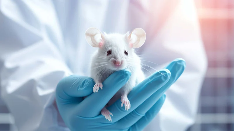 Lab worker holding a mouse in their hands
