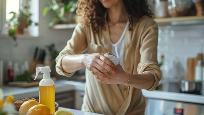 Woman applying disinfectant to her skin