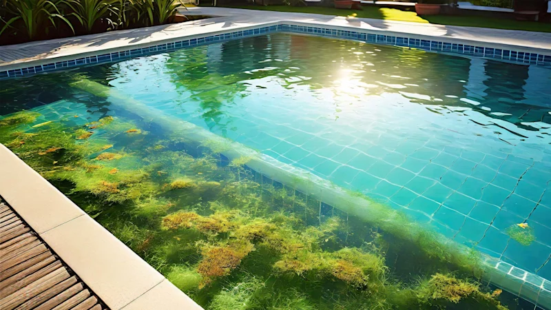 Outside swimming pool with algae on the surface