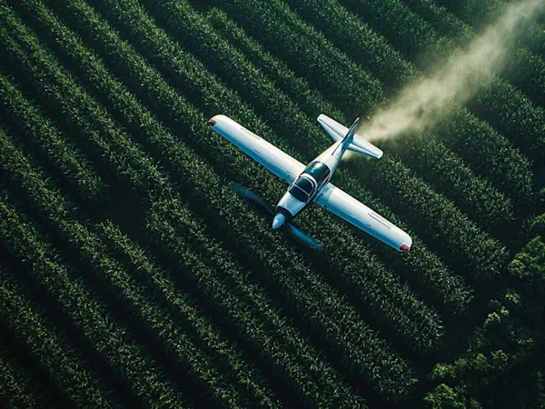 Airplane spraying pesticide on crop fields
