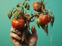 Hand holding tomatoes with fungal disease