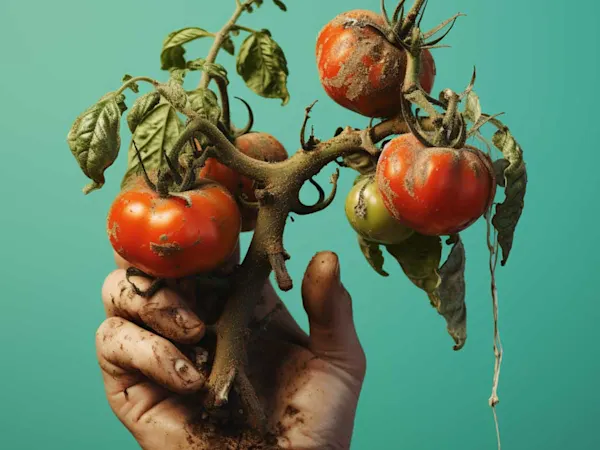 Hand holding tomatoes with fungal disease
