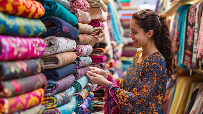 Woman inspecting textiles