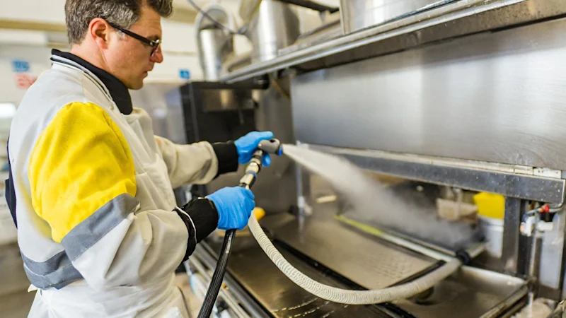 Person disinfecting a work area