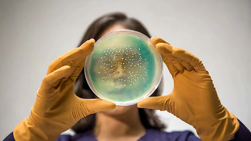 Woman holding up a petri dish and examining it