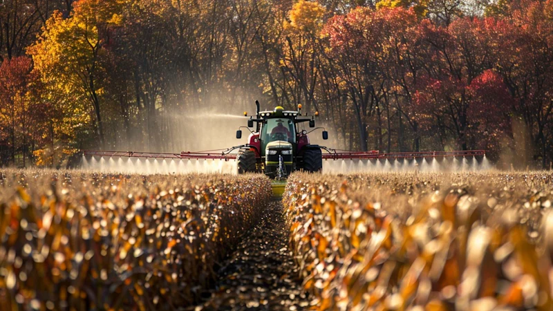 Tractor spraying pesticide in a field