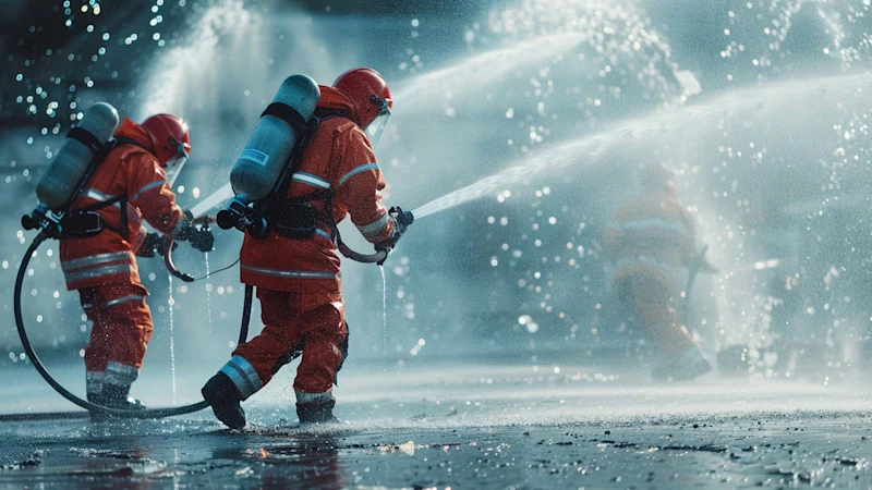 Firefighters spraying foam