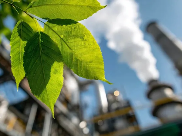 Industrial emissions with green leaf