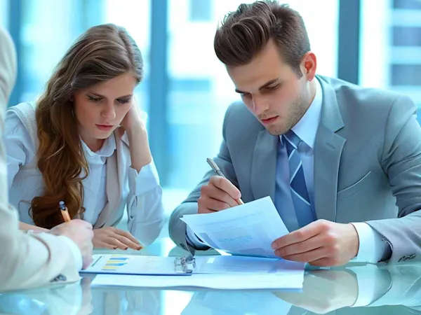 Experts doing paperwork around a desk