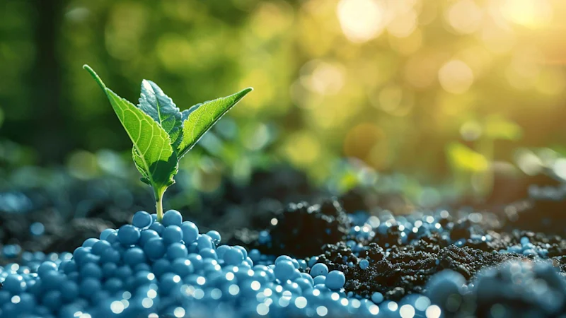 Biodegradable polymer fertilizer on soil at base of plant