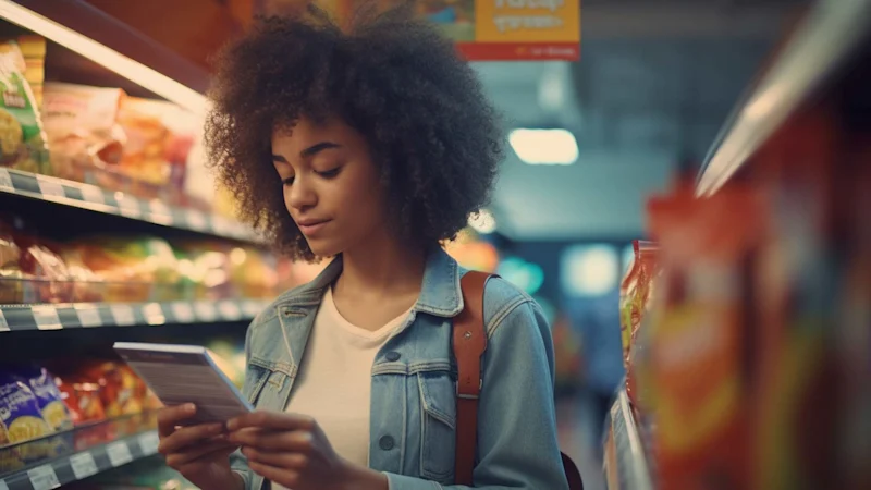 Woman reading the back of a food label in a shop
