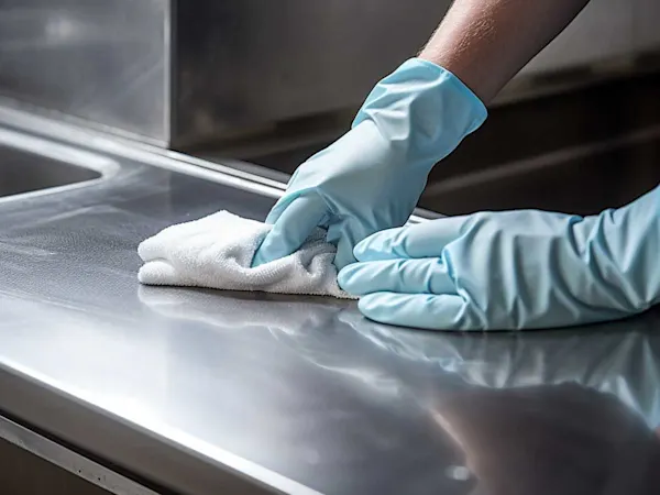 Person cleaning stainless steel countertop for food prep