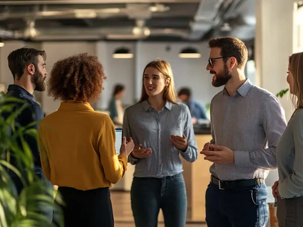 People standing talking in an office