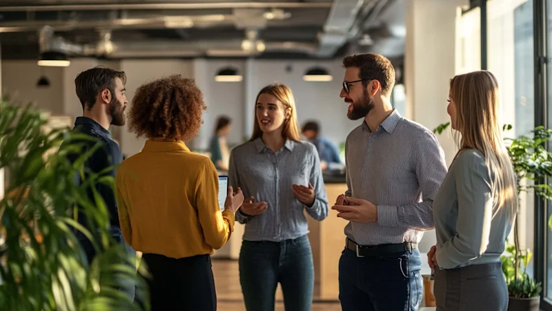 People standing talking in an office
