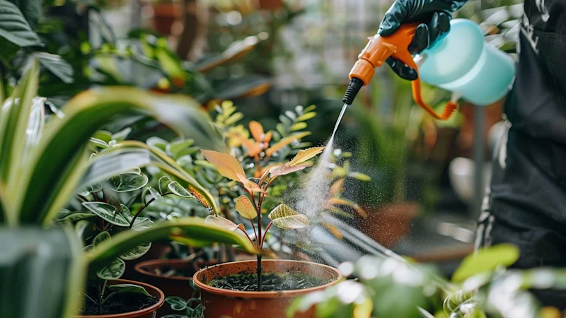 Person spraying pesticides on plants