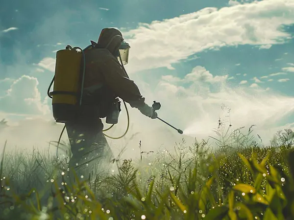 Spraying pesticide at dusk