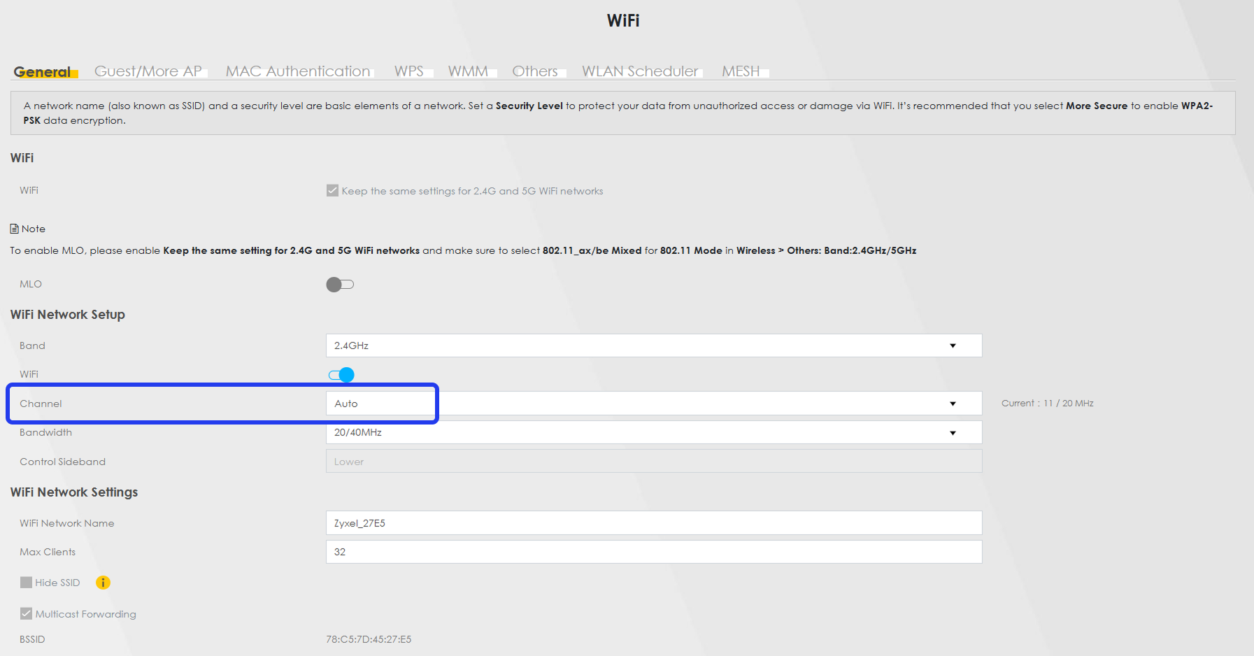 Zyxel NR5307 - Skift wifi kanal