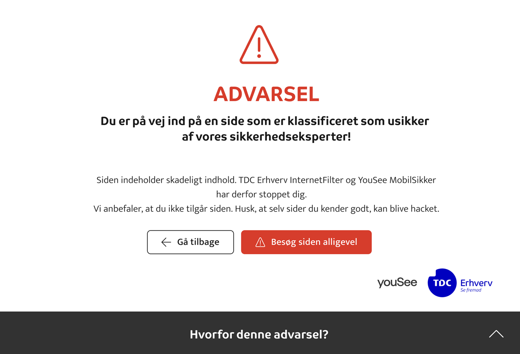 Sådan ser advarslen fra internetfilter ud
