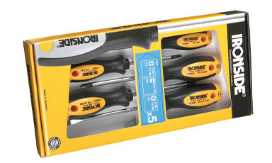 Fem IRONSIDE-skrutrekkere med gule og svarte grep i sort-gul emballasje.