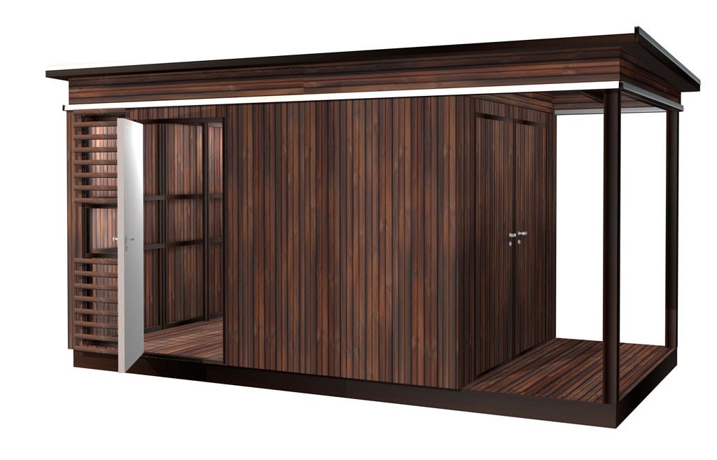 Moderne anneks med mørk brun trekledning, hvitt tak, åpen dør og overbygd terrasse