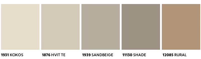 Horisontalt fargeskjema med seks rektangler i myke, varme nøytrale toner fra ecru til karamell.