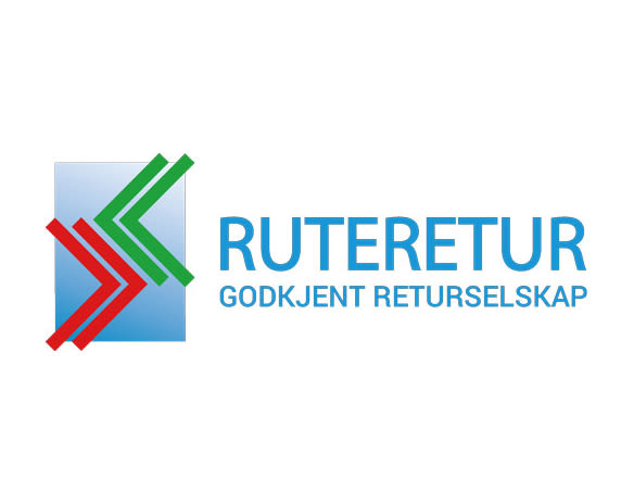 Logo for Ruteretur, godkjent returselskap, med røde og grønne piler på blå bakgrunn.