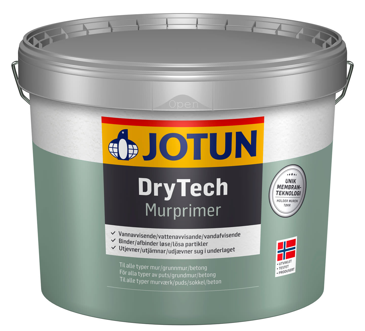 Grønn Jotun DryTech murprimer-bøtte med grått lokk, fargerik logo og norsk flagg.