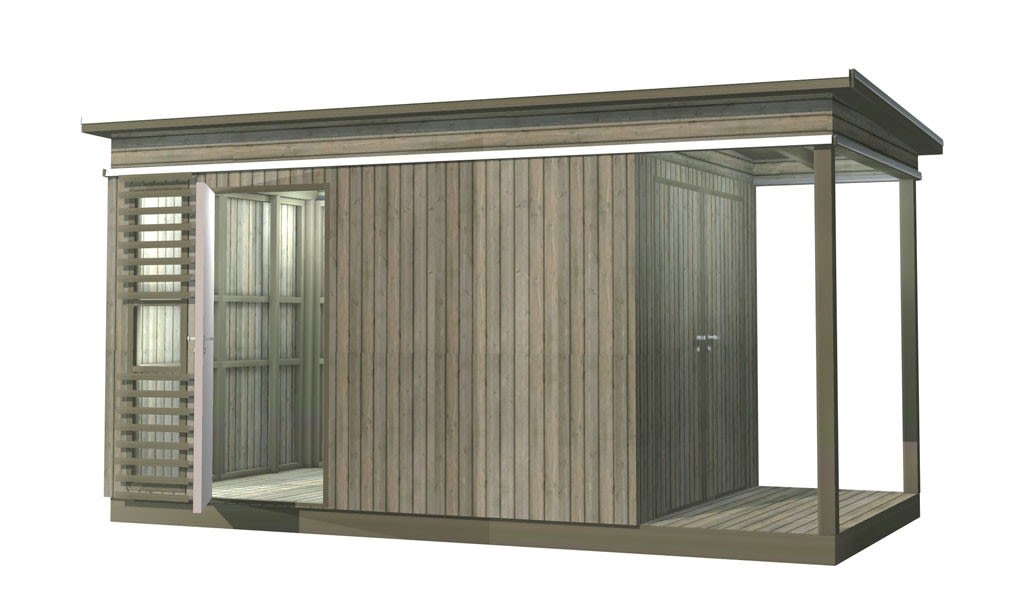 Moderne hagebod i grått tre med overbygd terrasse, åpne persienner og dør.