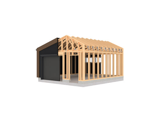 3D-modell av hus under bygging med lys trestenderverk, svart garasje og grå betonggrunn.