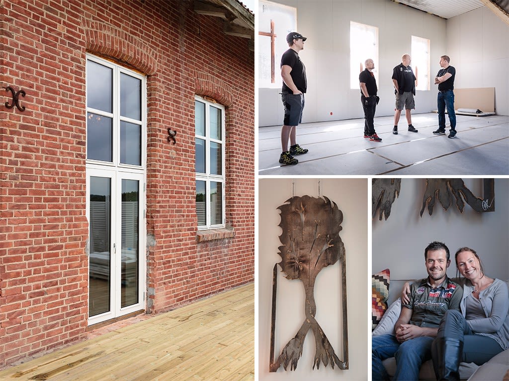 Kollasj av rødt murhus med hvite vinduer, håndverkere i lyst rom, metallkunst og par på sofa.