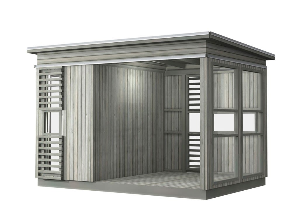 Lite grått, moderne hageskur av lyst tre med åpne spalter og åpent inngangsparti.