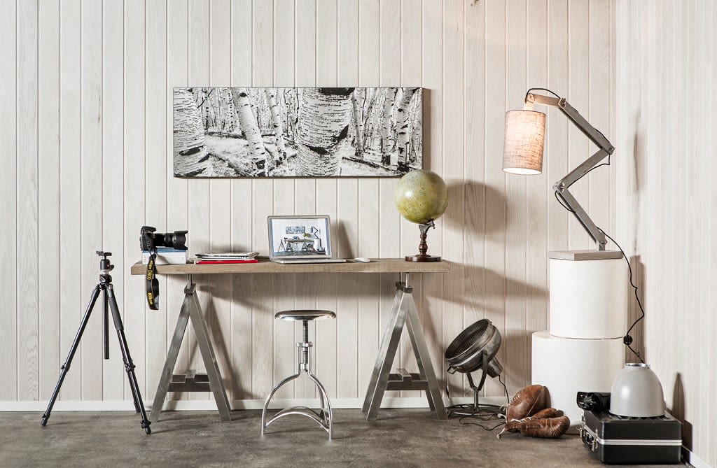 Hvitt trepanel bak skrivebord med svart-hvitt bjørkebilde, kamera, laptop, globus, lampe