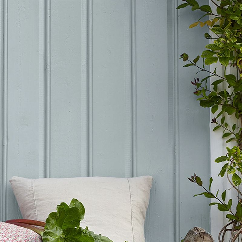 Lys blå trepanelvegg med hvit pute, kurv med grønne blader og klatreplante til høyre.