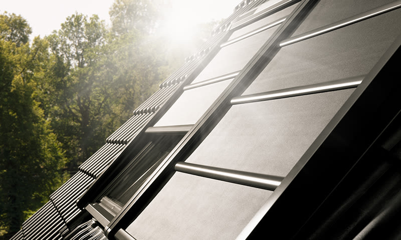 Skrått mørkt metalltak med solcellepaneler i sollys, grønne trær i bakgrunnen.