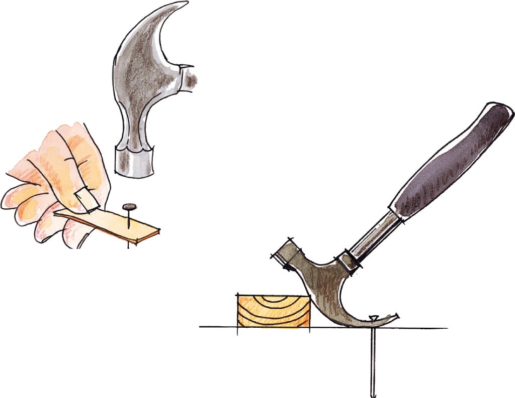 Skisse av grå hammer med svart skaft, brun trekloss og hånd som hamrer/trekker spiker
