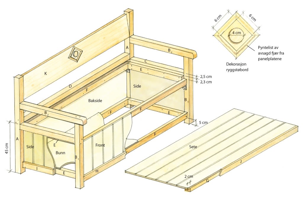 Eksplodert tegning av lys trebenk med løs seteplate, ryggstøtte, sider og mål.