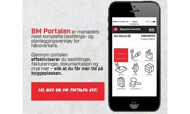 Svart mobil med BM Portalen-appskjerm til høyre, rød «Les mer»-knapp og tekst på lysgrå bakgrunn