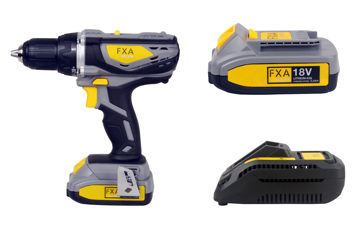 Skrutrekker i svart, grått og gult med 18 V-batteri, ekstra batteri og lader