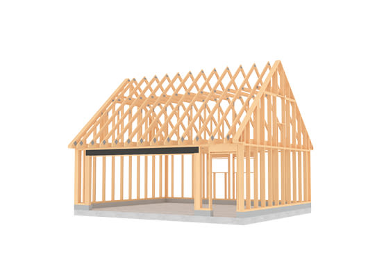 Lyst treskjelett av hus med takstoler og stolper på grå betongplate