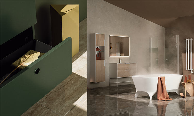 Moderne baderom med hvitt badekar, treinnredning og nærbilde av grønn skuff med gul eske