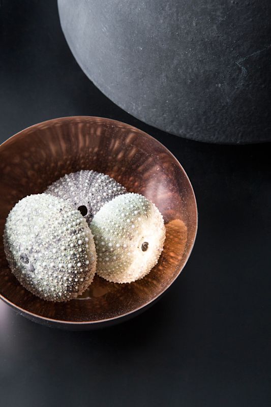 Hammeret kobberskål med tre sjøpinneskall – to hvite og ett grått – foran stor mørk stein