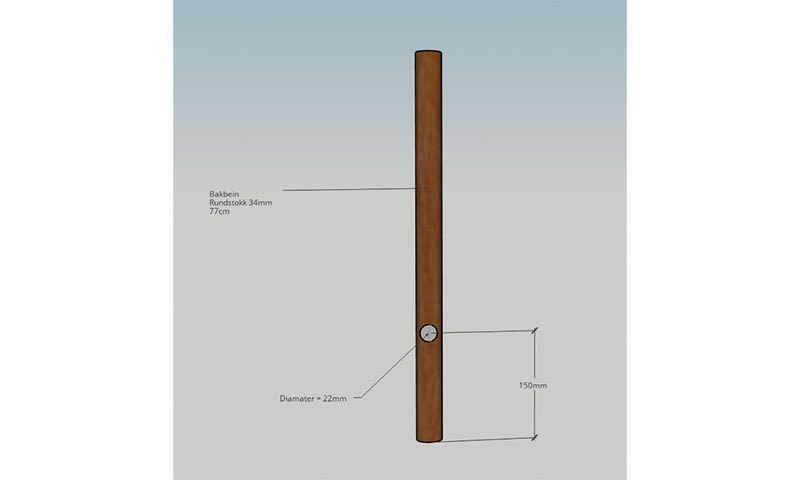 Brun 3D-modell av rundstokk (34 mm×77 cm) med 22 mm hull 15 cm fra bunnen.