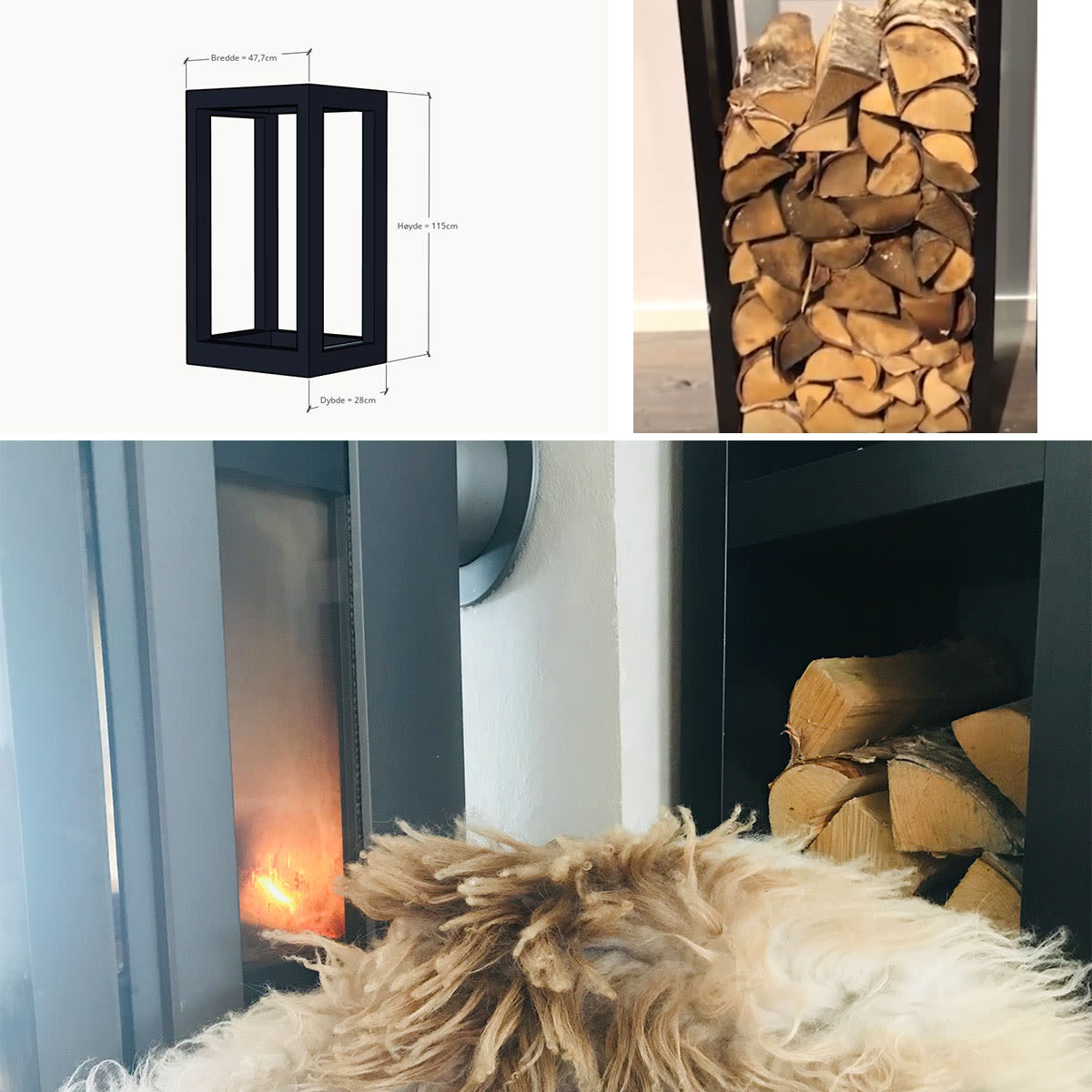 Beige, langhåret hund hviler foran svart metallstativ med oppstablet ved ved siden av glødende ovn