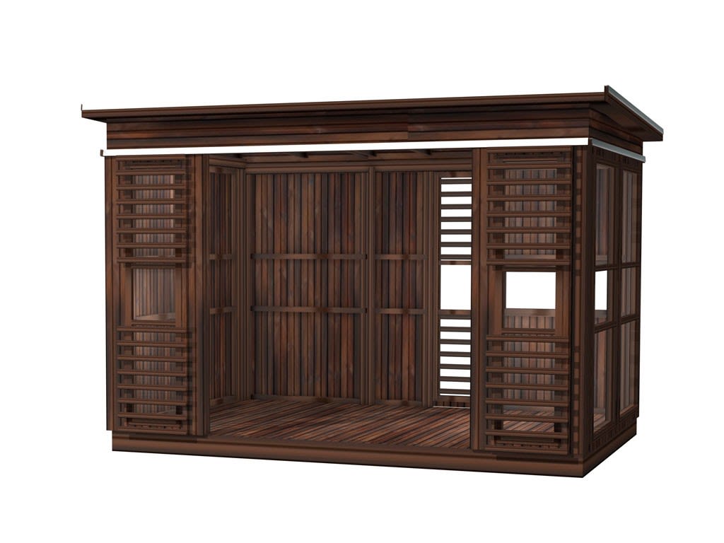 Mørk brun hagepaviljong i tre med åpen front, lamellpaneler og glassvinduer.