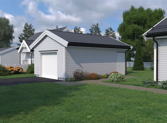 Moderne lys grå garasje med hvit port og svart tak omringet av grønn plen og blomsterbed.